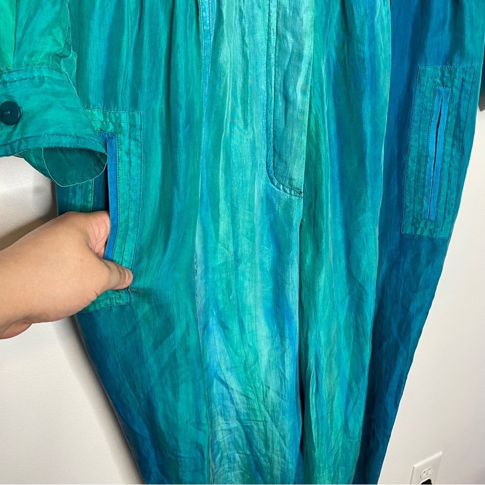 Vintage 90s Silk Watercolor Button Front Jumpsuit Coastal Boho Teal Blue - Picture 5 of 10